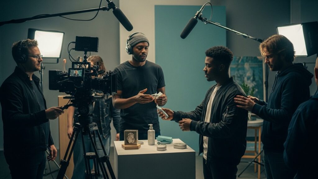 Specjaliści na zdjęciu zastanawiają się, jak reklamować produkt.